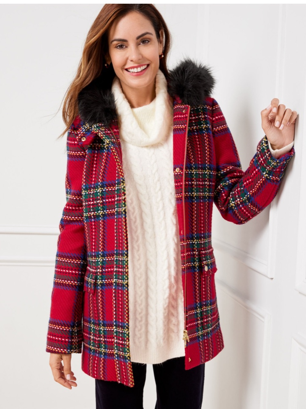 Talbots Red Plaid Coat with Black Faux Fur Hood Trim
